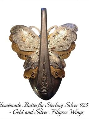Sterling Silver Spoon Butterfly Brooch Handmade Silver Gold Filigree Wings heavy